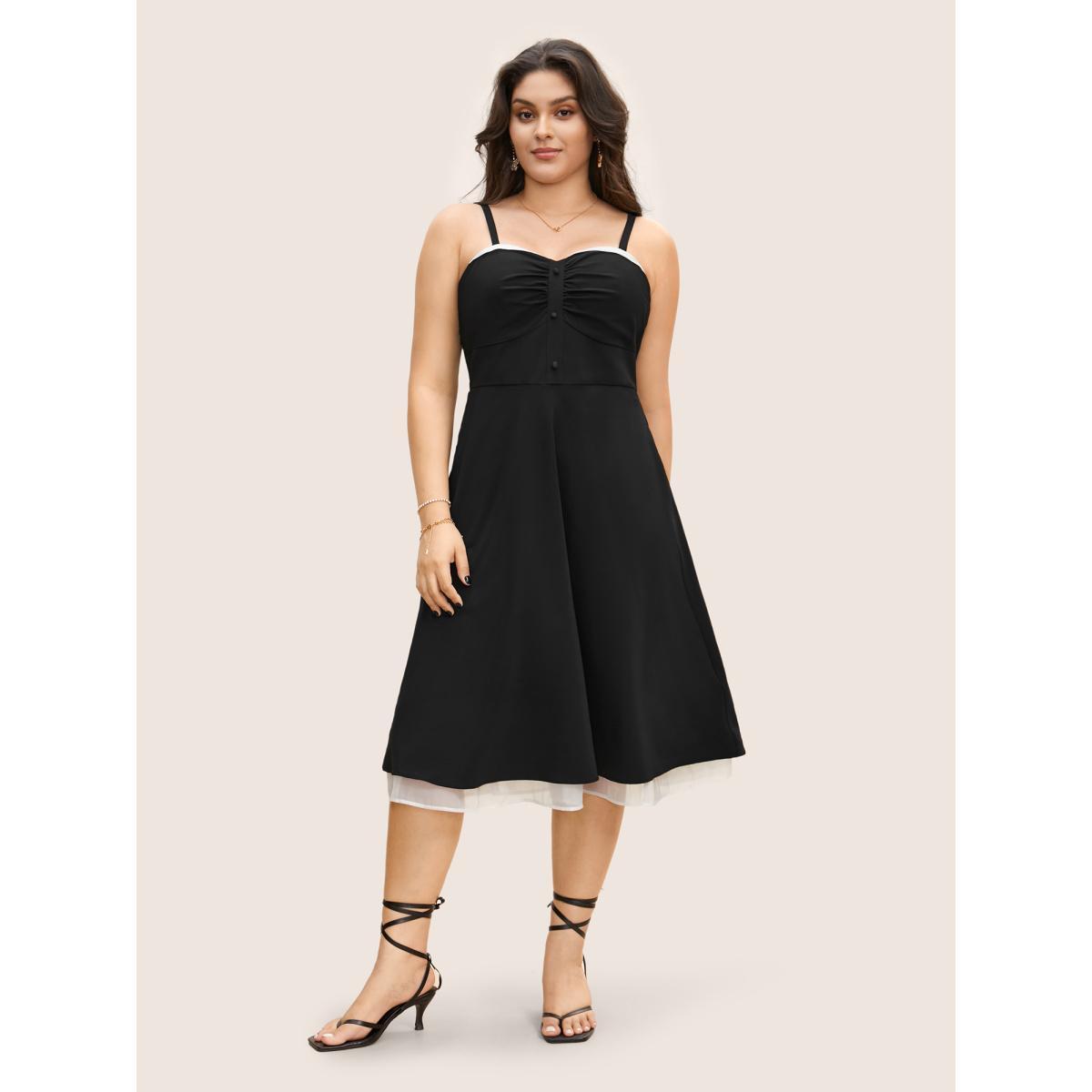 Plus Size Organza Patchwork Button Detail Cami Dress Black Women Elegant Gathered Non Sleeveless Curvy BloomChic 18-20/2X Product Image