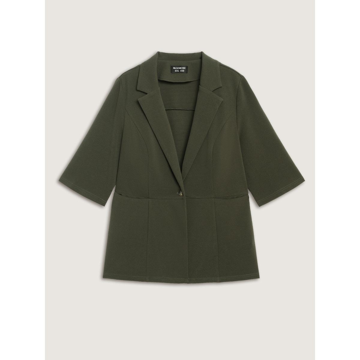 Plus Size Stretchy Textured Cinched Flared Waist Blazer ArmyGreen Women Work Texture Sleeve Elbow-length sleeve Suit Collar 18-20/2X Single-flap pocket Blazers BloomChic Product Image