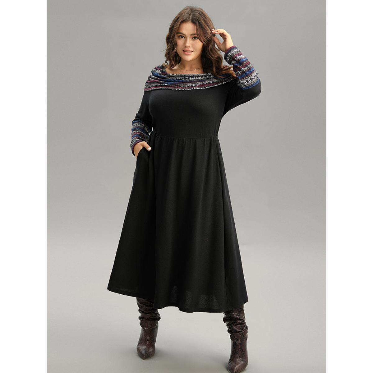 Plus Size Boat Neck Striped Contrast Gathered Dress Black Women Office Gathered Boat Neck Long Sleeve Curvy Midi Dress BloomChic 30/6X Product Image