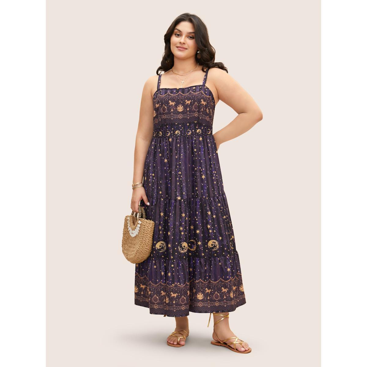 Plus Size Star & Moon Print Elastic Waist Maxi Cami Dress Deeppurple Women Resort Patchwork Non Sleeveless Curvy BloomChic 30/6X Product Image
