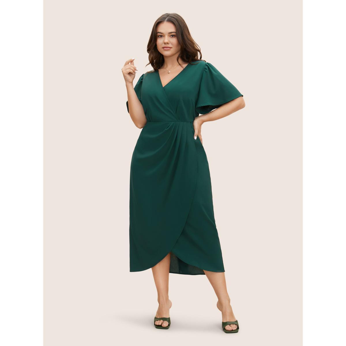 Plus Size Solid Pleated Ruffle Sleeve Wrap Hem Dress DarkGreen Women Elegant Gathered Overlap Collar Short sleeve Curvy BloomChic 12/L Product Image