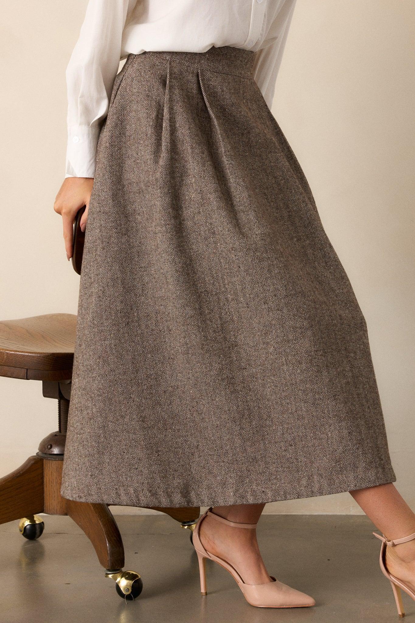 Left Unsaid Brown Herringbone Tweed Midi Skirt Product Image