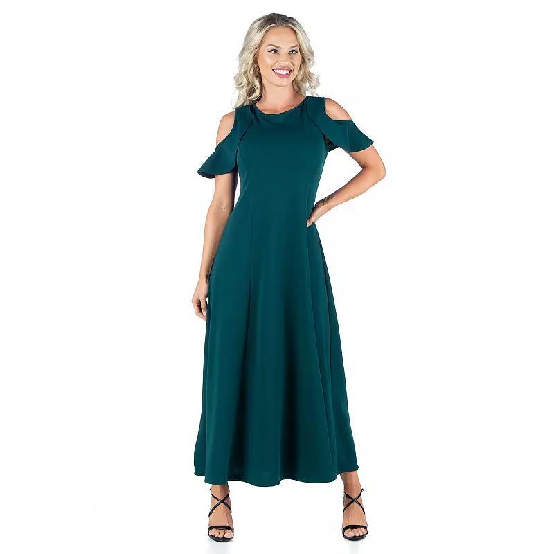 Women's 24seven Comfort Apparel Ruffled Cold Shoulder A-Line Maxi Dress, Size: Large, Green Product Image