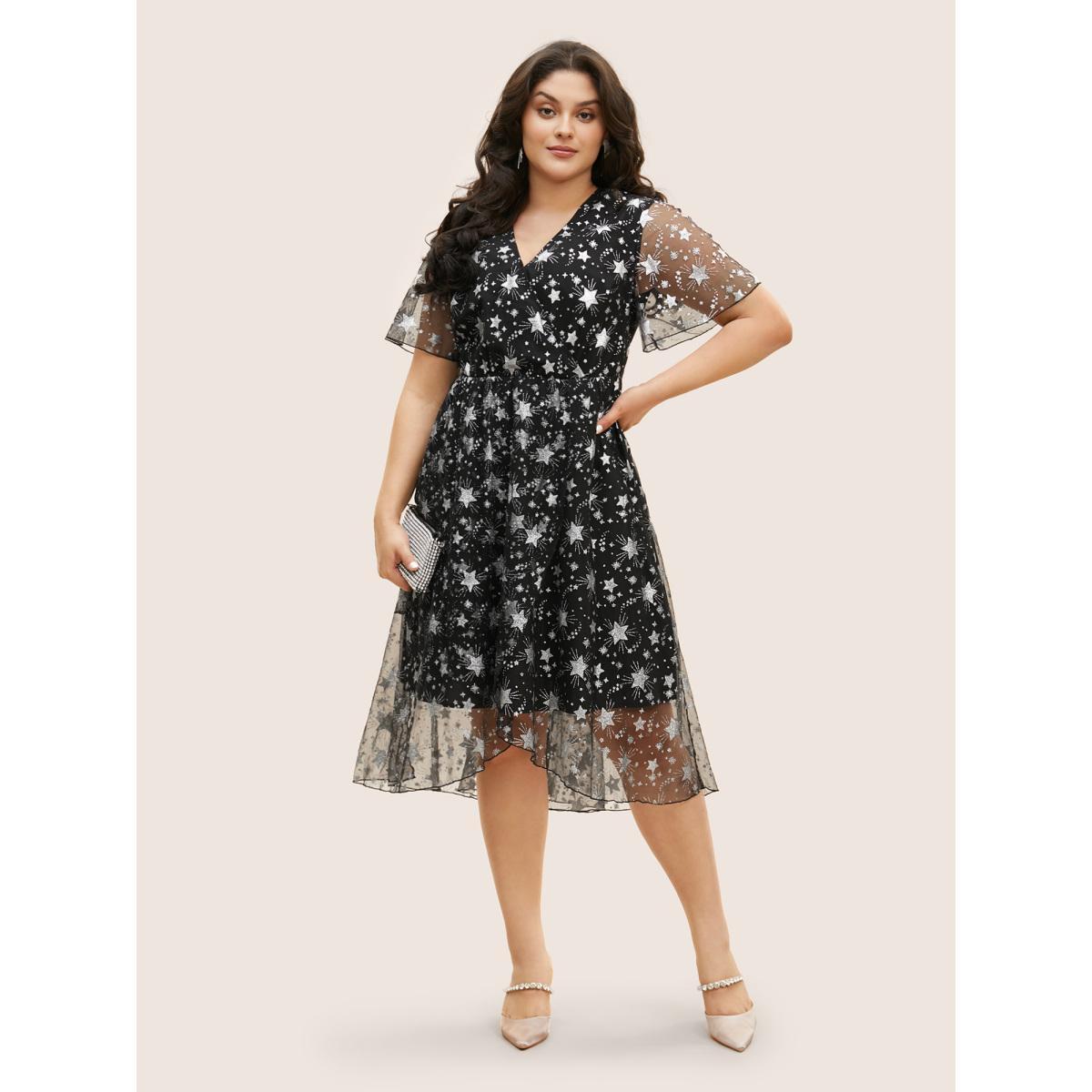 Plus Size Glitter Star Mesh Patchwork Ruffle Sleeve Dress Black Women Resort Gathered Overlap Collar Short sleeve Curvy BloomChic 26/4X Product Image