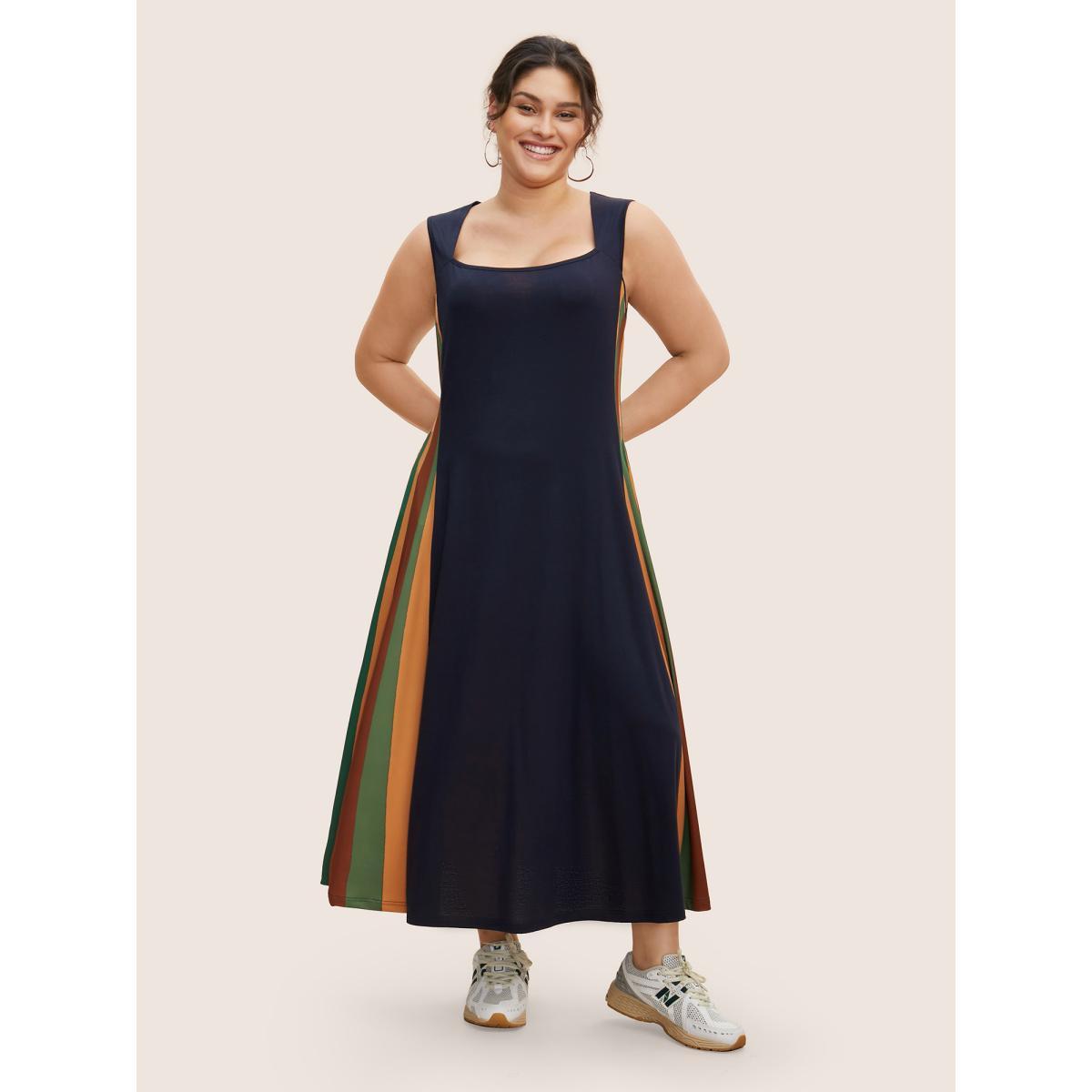 Plus Size Square Neck Patchwork Striped Maxi Dress Navy Women Casual Contrast Square Neck Sleeveless Curvy BloomChic 26/4X Product Image