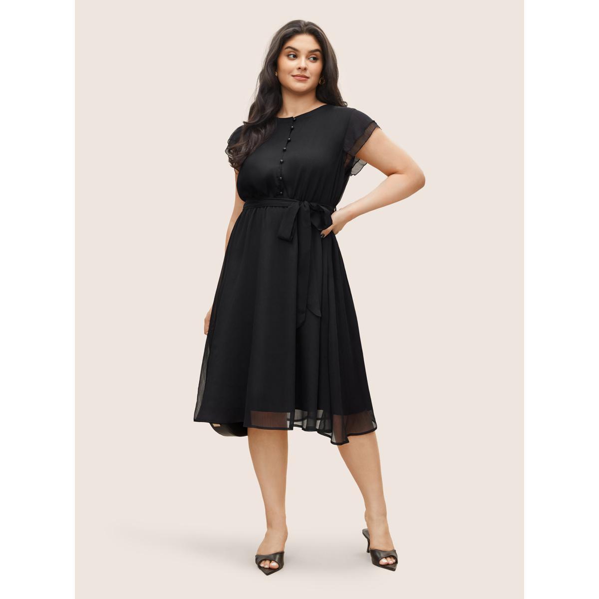 Plus Size Solid Mesh Belted Ruffle Cap Sleeve Dress Black Women At the Office Non Round Neck Cap Sleeve Curvy Midi Dress BloomChic 22-24/3X Product Image