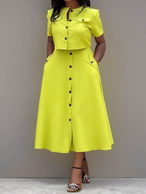 Loose Split-Joint Round-Neck Blouses + A-Line Skirts Two Pieces Set Product Image