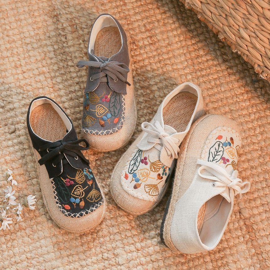 Leaf Embroidered Lace-Up Slip-Ons Product Image