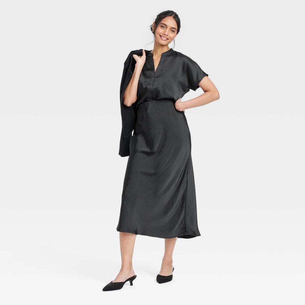 Womens Midi A-Line Skirt - A New Day Black XL: Recycled Polyester, Slim Fit, Elastic Waistband, Satin Fabric Product Image