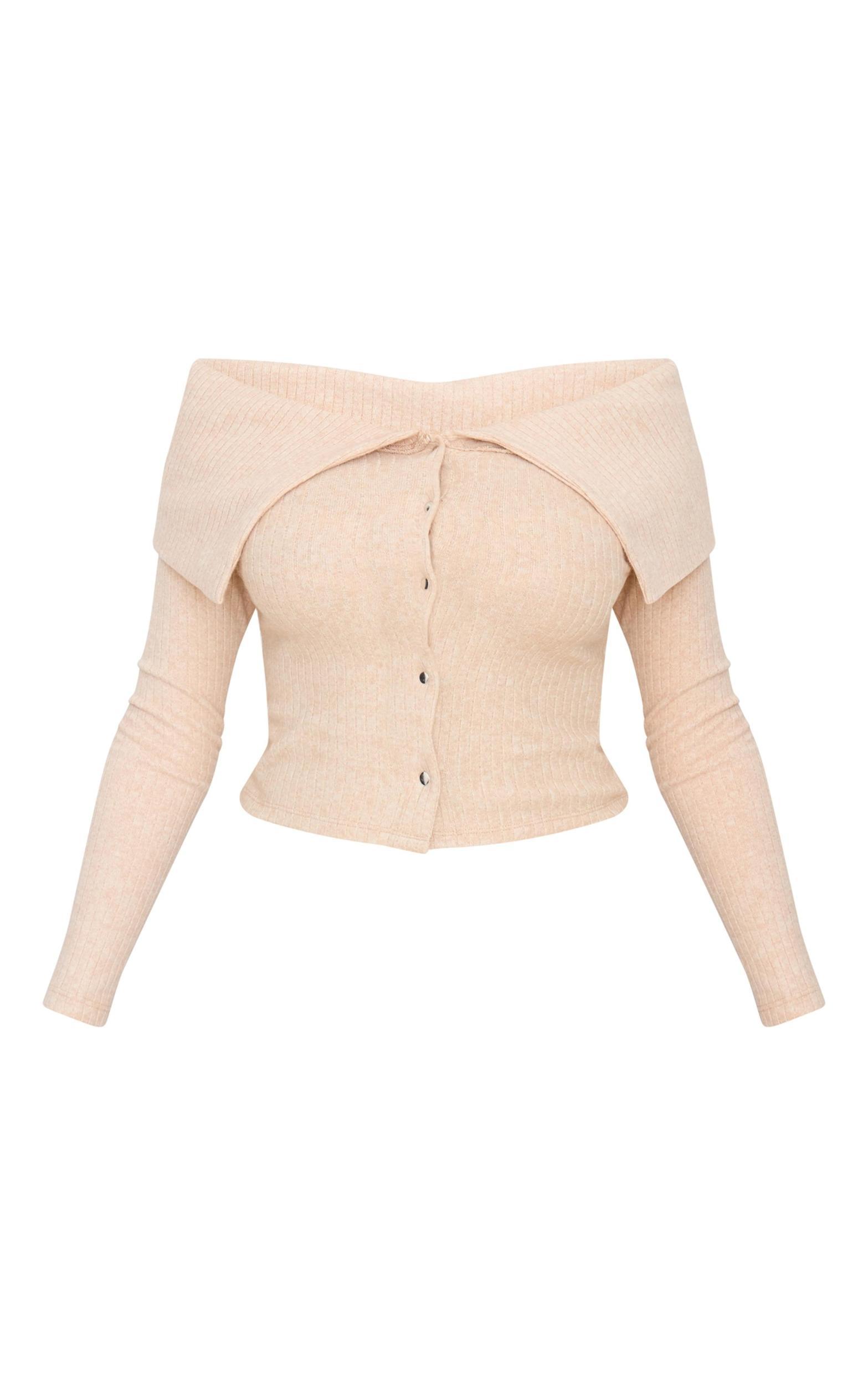 Cream Brushed Rib Fold Over Popper Detail Long Top Product Image