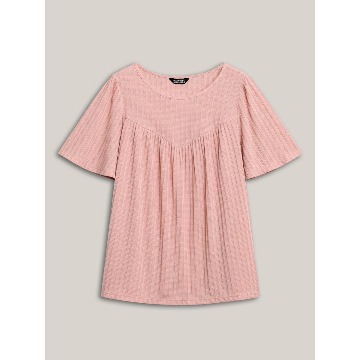 Plus Size Waffle Lotus Leaf Sleeve Flowy T-Shirt Nudepink Women Texture V-neck Loose Everyday-Casual T-shirts BloomChic 18-20/2X Product Image