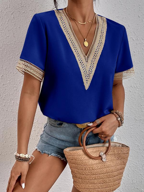 Casual Loose Lace Split-Joint V-Neck T-Shirts Tops Product Image