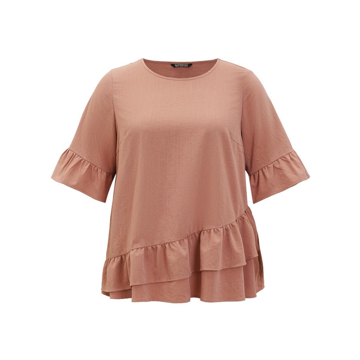 Plus Size Rouge Solid Bell Sleeve Ruffle Layered Blouse Women Elegant Half Sleeve Round Neck Dailywear Blouses BloomChic 26/4X Product Image