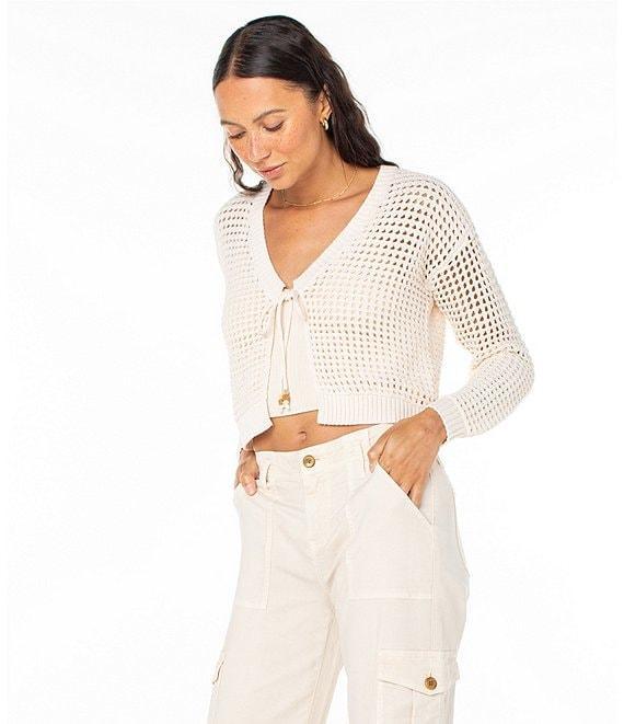Roxy Ivy Long Sleeve Tie-Closure Flyaway-Front Crocheted Cropped Cardigan Product Image