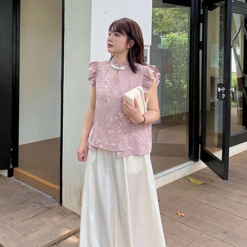 Plus Size Cap-Sleeve Stand Collar Floral Print Cutout Frog Buttoned Blouse Product Image