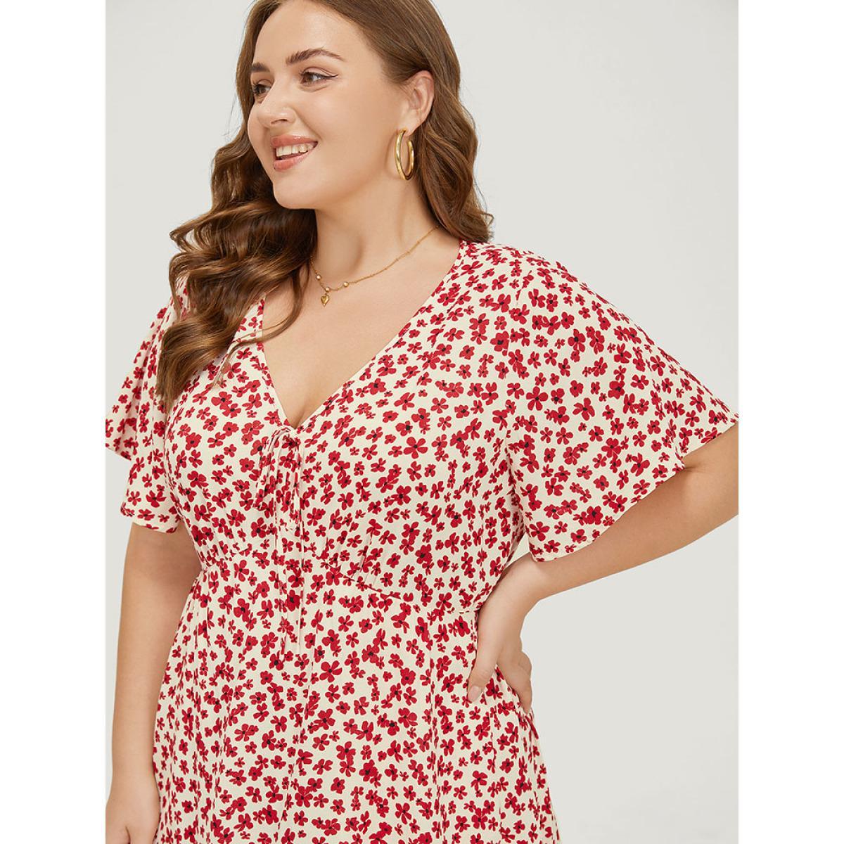 Plus Size Ditsy Floral Knot Front Pocket Ruffle Hem Dress Red Women Elegant Knotted V-neck Short sleeve Curvy Midi Dress BloomChic 26/4X Product Image