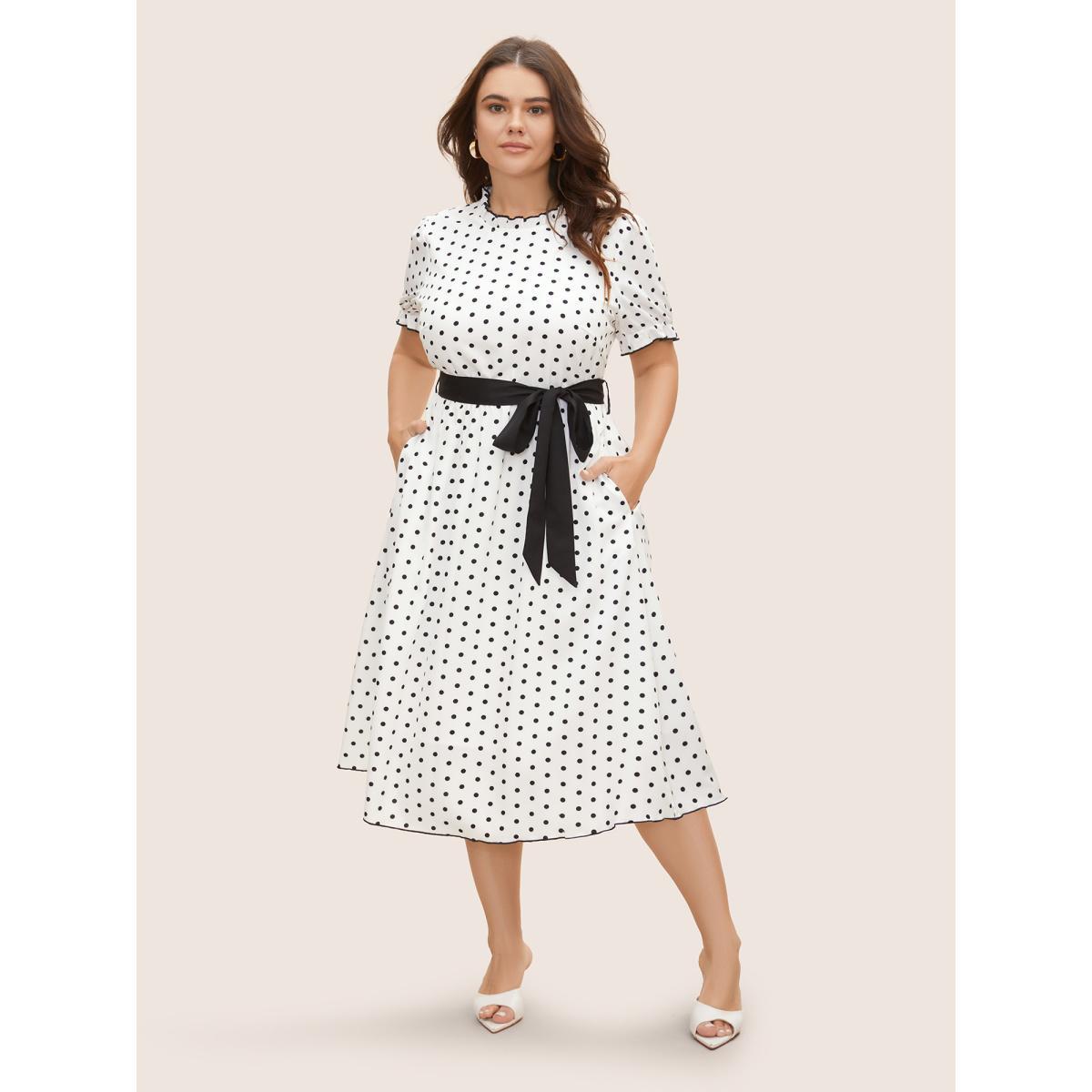 Plus Size Bow Polka Dot Midi Dress Originalwhite Women Elegant Belted Mock Neck Short sleeve Curvy BloomChic 30/6X Product Image