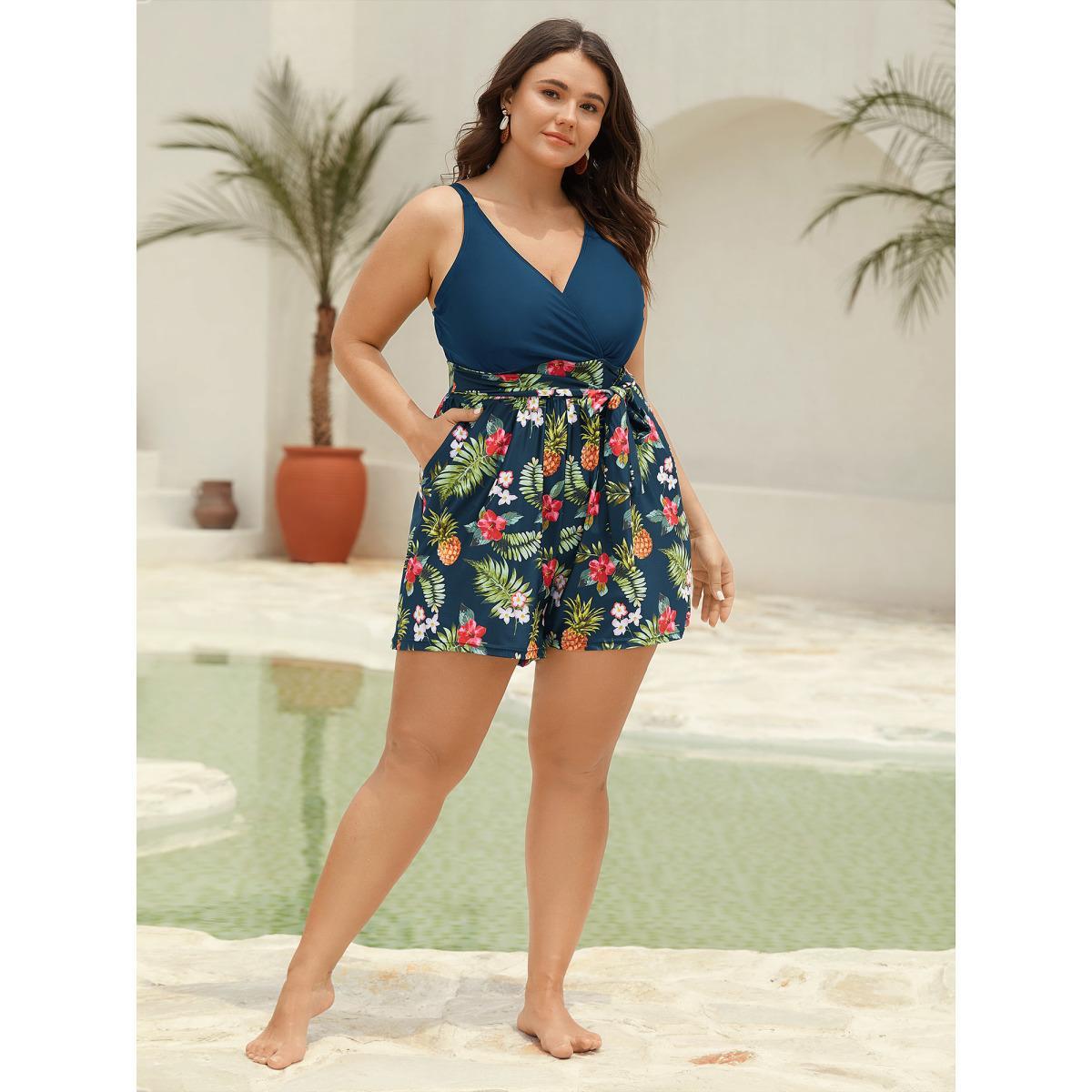 Plus Size Tropical Floral Pockets One-Piece Swimsuit Women's Swimwear Black Beach Tie knot Curve Bathing Suits High stretch One Pieces BloomChic 12/L Product Image