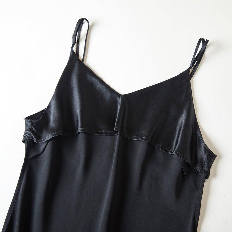 River Nymph | Black Pure Silk Slip Dress | Knee Length with Adjustable Straps | 22 Momme | Float Collection Product Image