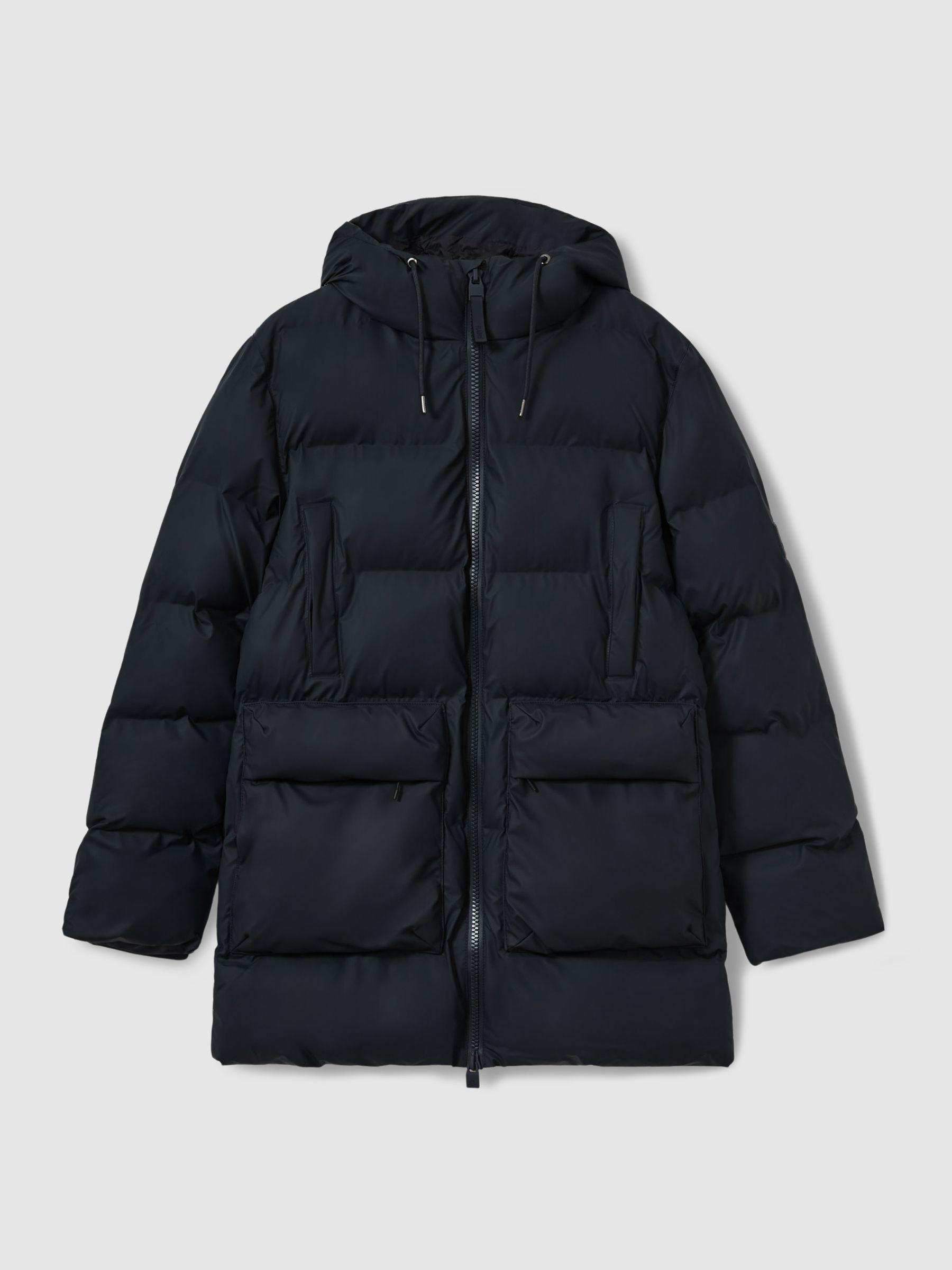 Rains Long Puffer Cargo Jacket in Navy Blue Product Image
