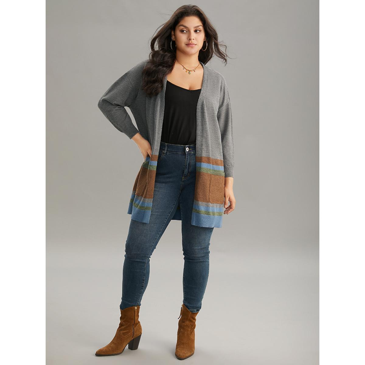Plus Size Anti-Pilling Colorblock Contrast Open Front Cardigan Multicolor Women Casual Loose Long Sleeve Dailywear Cardigans BloomChic 12/L Product Image