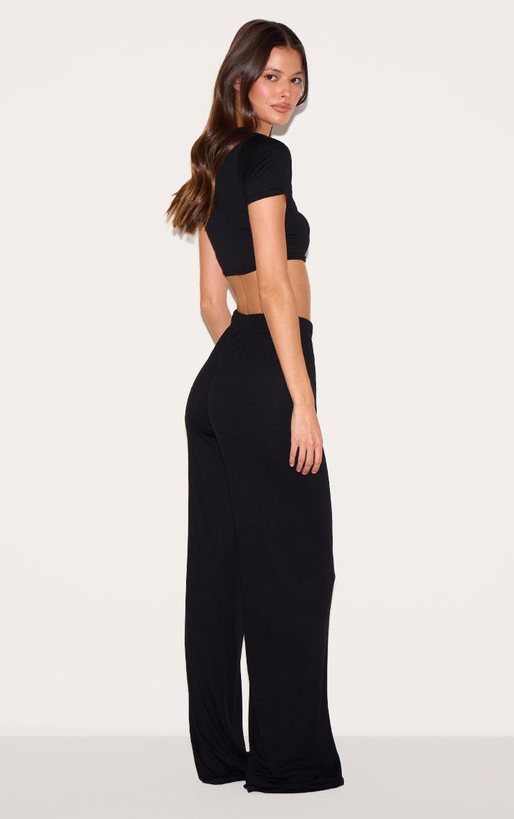 Black Cropped T-Shirt And Wide Leg  PJ Set Pants Product Image