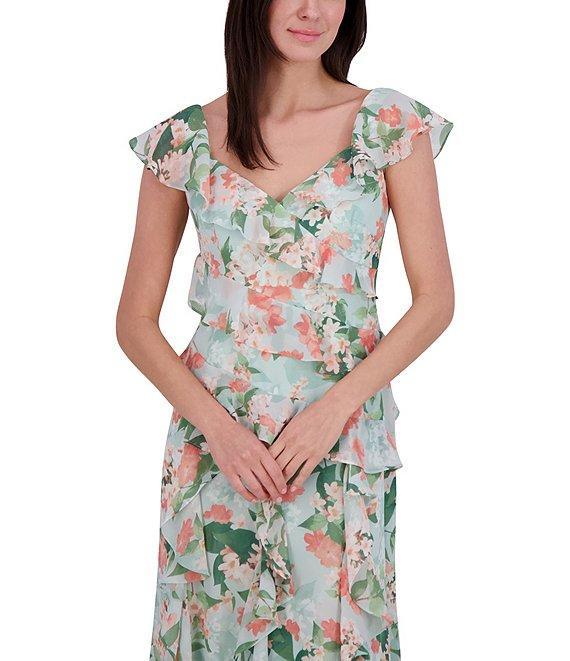 Eliza J Chiffon Floral Print V Neck Cap Sleeve Ruffle Fit and Flare Gown Product Image