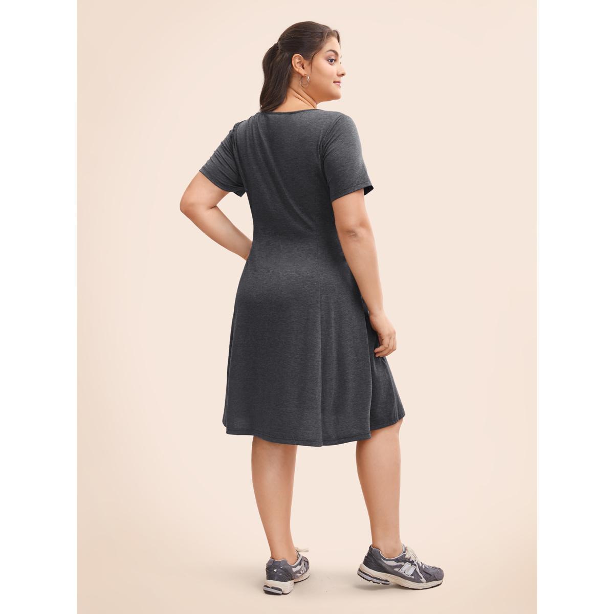 Plus Size Solid Heart Neckline Ruched Dress DarkSlateGray Women Casual Gathered Heart neckline Short sleeve Curvy BloomChic 28/5X Product Image