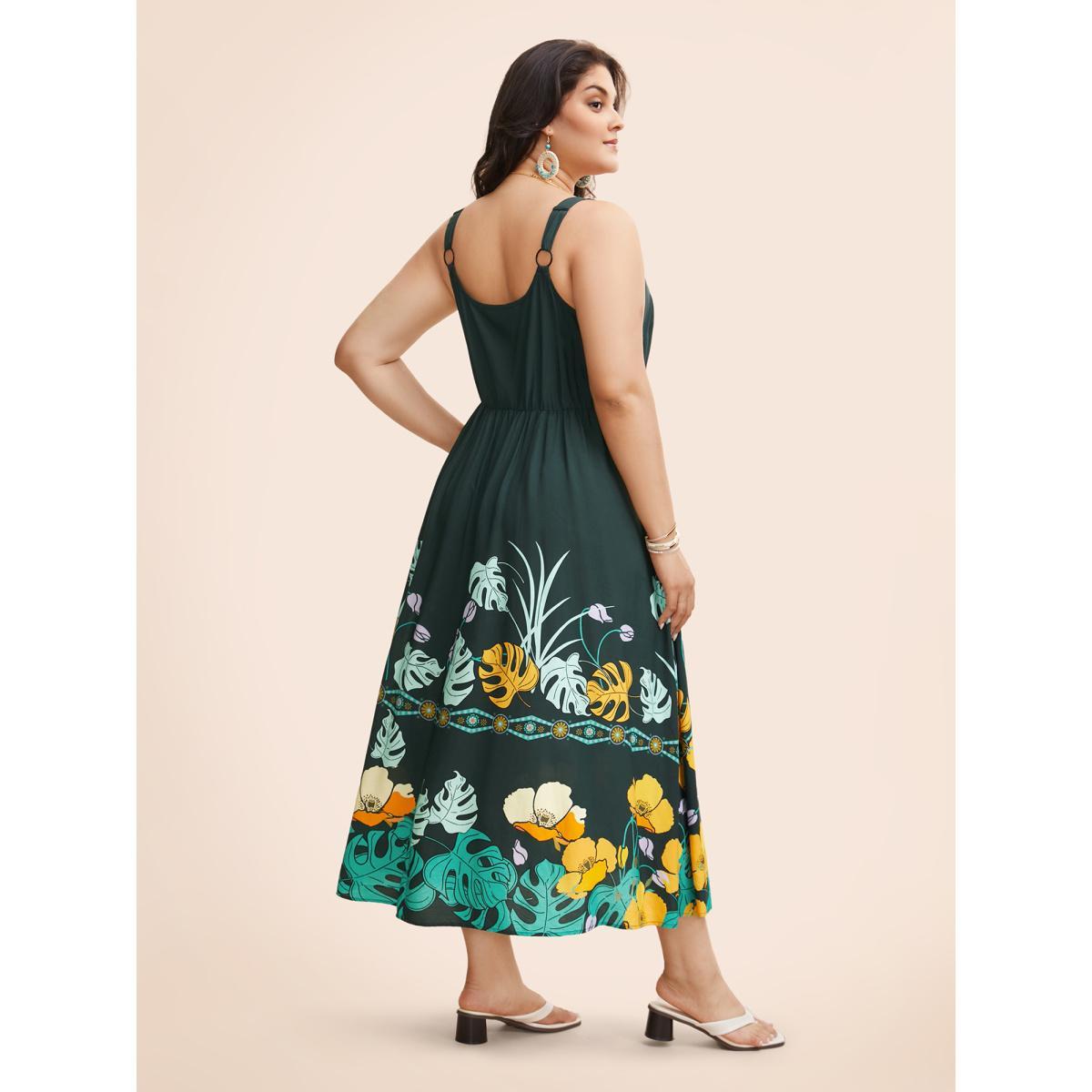 Plus Size Boho Print Elastic Waist Cami Dress Cyan Women Resort Gathered Non Sleeveless Curvy BloomChic 14-16/1X Product Image
