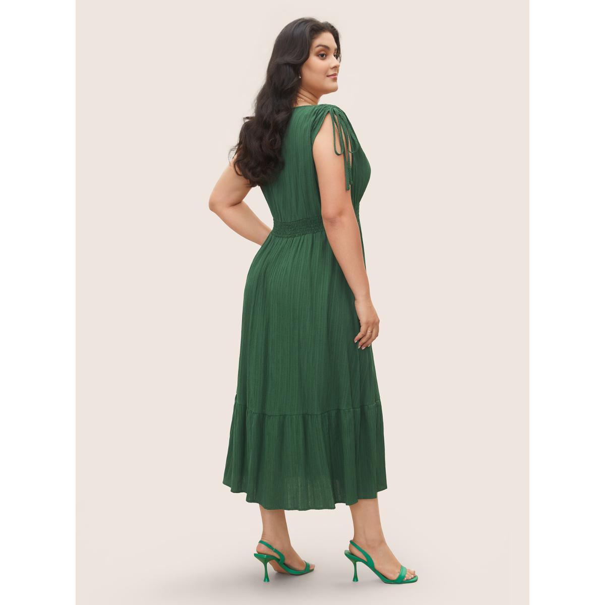 Plus Size Solid Texture Shirred Drawstring sleeve Dress DarkGreen Women Elegant Texture V-neck Cap Sleeve Curvy Midi Dress BloomChic 30/6X Product Image