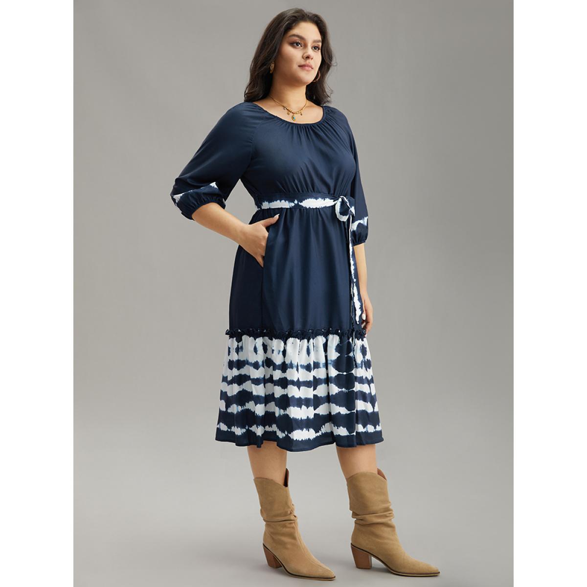 Plus Size Tie Dye Gathered Belted Lantern Sleeve Dress DarkBlue Women Vacation Elastic cuffs Round Neck Elbow-length sleeve Curvy Midi Dress BloomChic 14-16/1X Product Image
