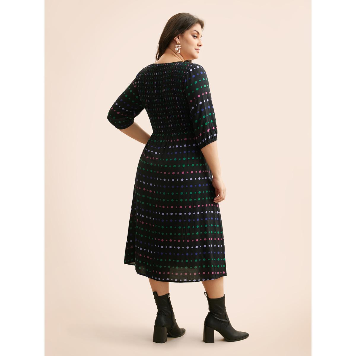 Plus Size Polka Dot Shirred Lantern Sleeve Dress Midnight Women Elegant Shirred V-neck Elbow-length sleeve Curvy BloomChic 30/6X Product Image