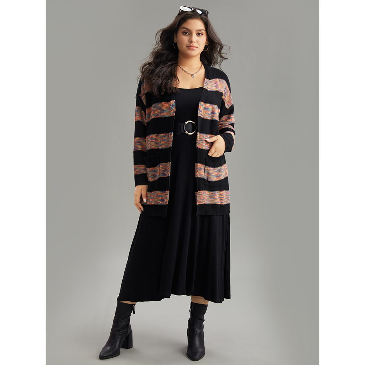 Plus Size Rainbow Contrast Open Front Cardigan Multicolor Women Casual Loose Long Sleeve Dailywear Cardigans BloomChic 26/4X Product Image