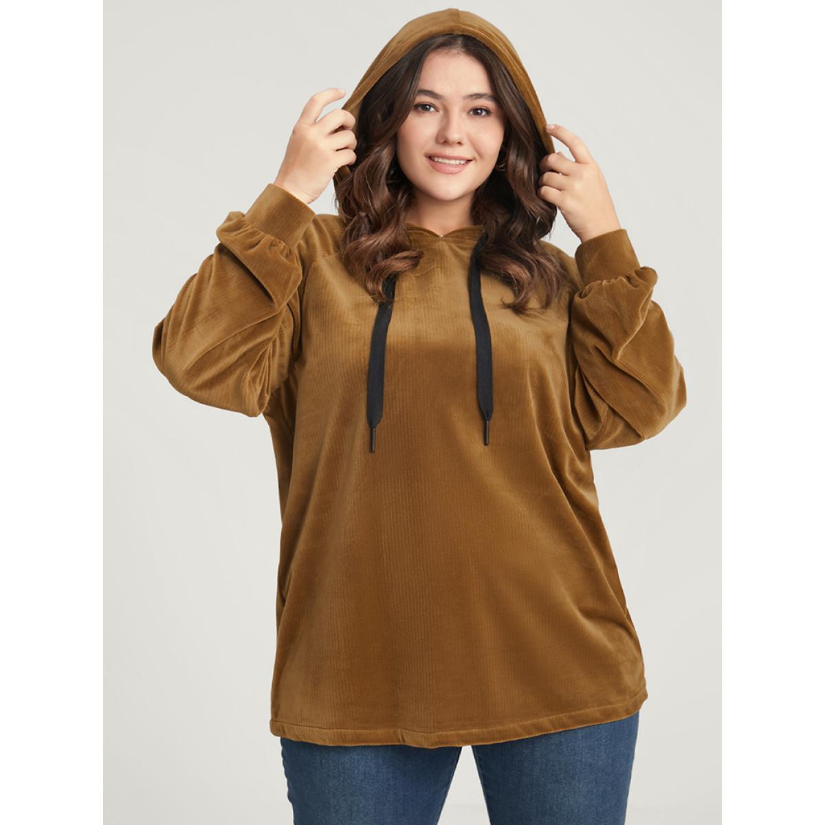 Plus Size Solid Corduroy Drawstring Hooded Sweatshirt Women DarkBrown Casual Drawstring Hooded Dailywear Sweatshirts BloomChic 18-20/2X Product Image