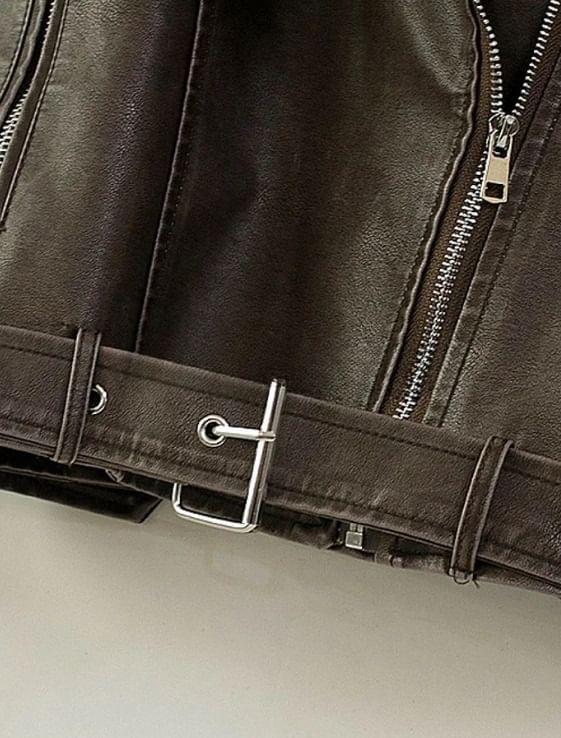 Long Sleeve Plain Faux Leather Zip-Up Jacket Product Image