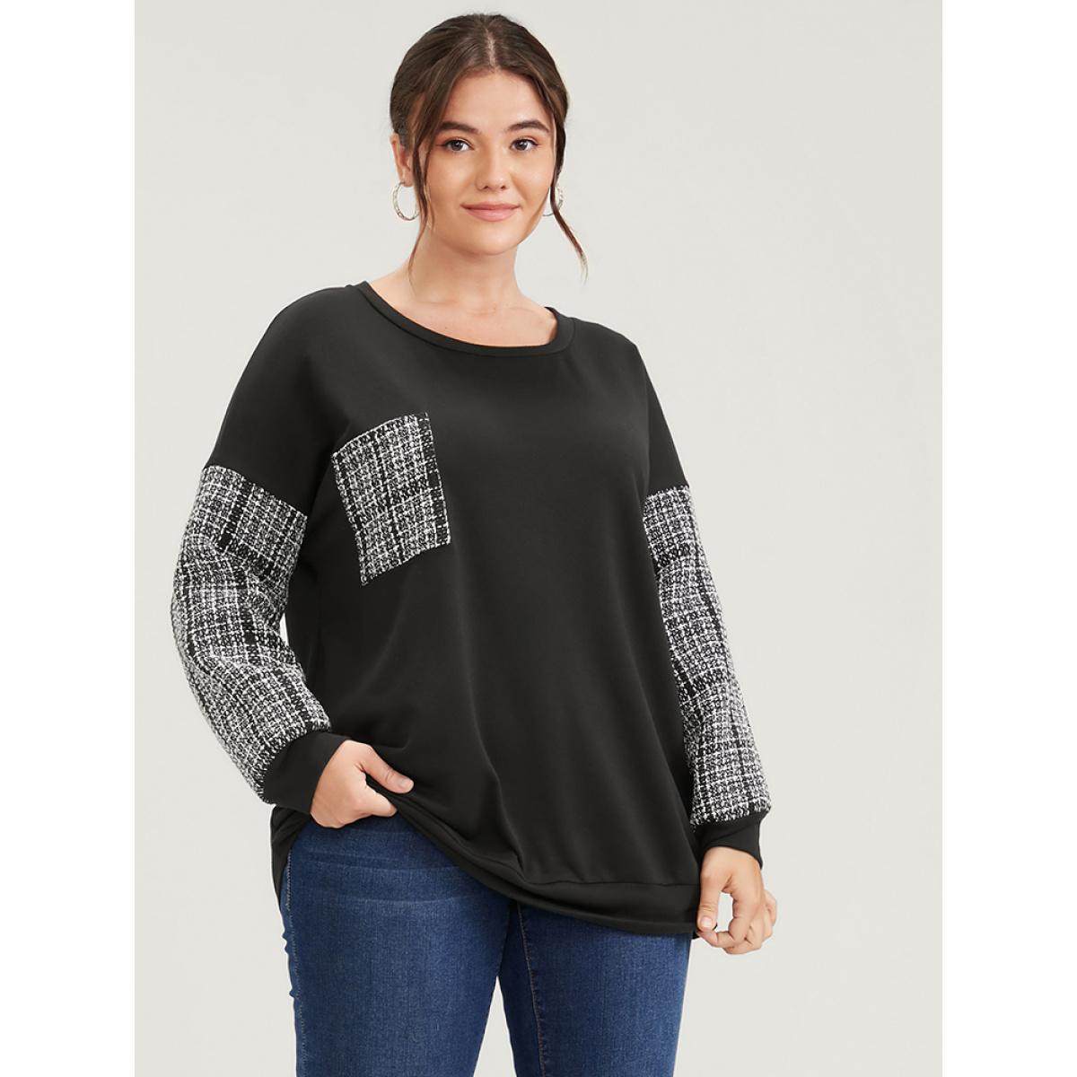 Plus Size Colorblock Contrast Pocket Raw Trim Drop Shoulder Sweatshirt Women Black Casual Patchwork Round Neck Dailywear Sweatshirts BloomChic 18-20/2X Product Image
