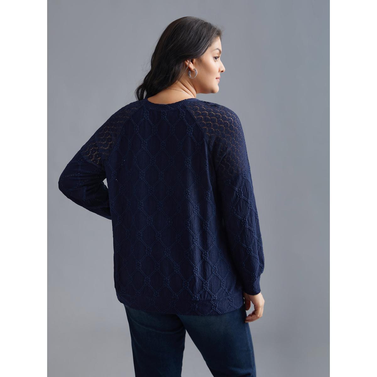 Plus Size Raglan Lace Mesh Sleeve Textured Sweatshirt Women Indigo Elegant See through Round Neck Everyday Sweatshirts BloomChic 10/M Product Image
