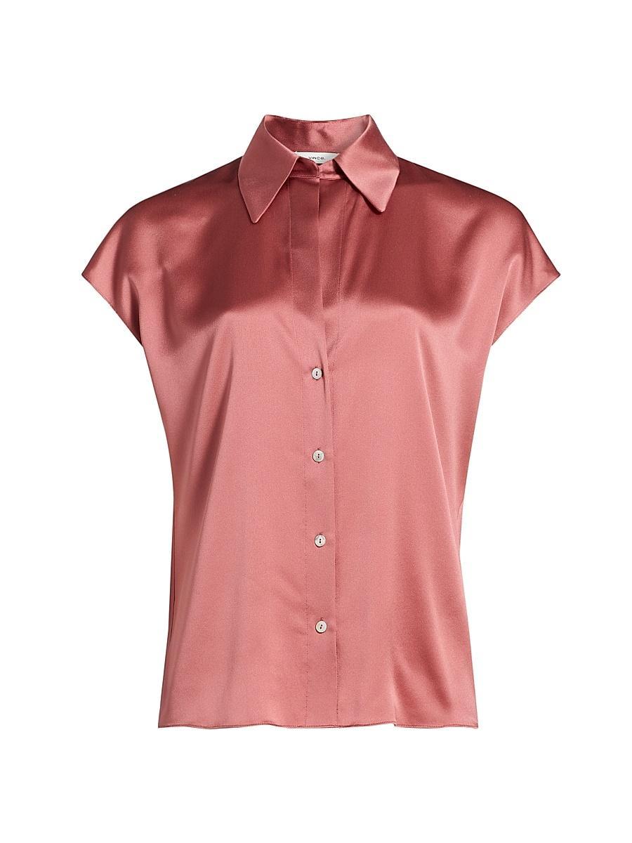 Cap-Sleeve Ruched-Back Silk Blouse Product Image