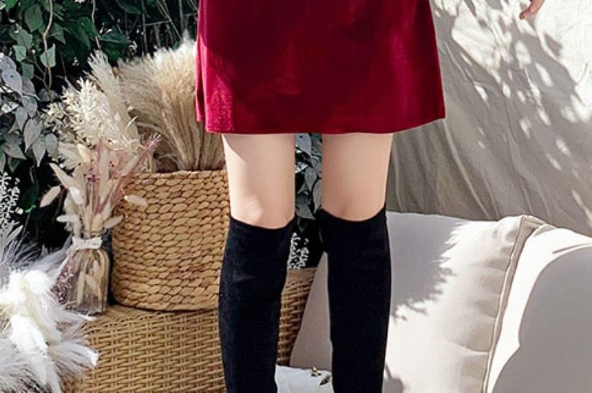 Two-Way Long-Sleeve Velvet Slim-Fit Halter Mini Dress Product Image