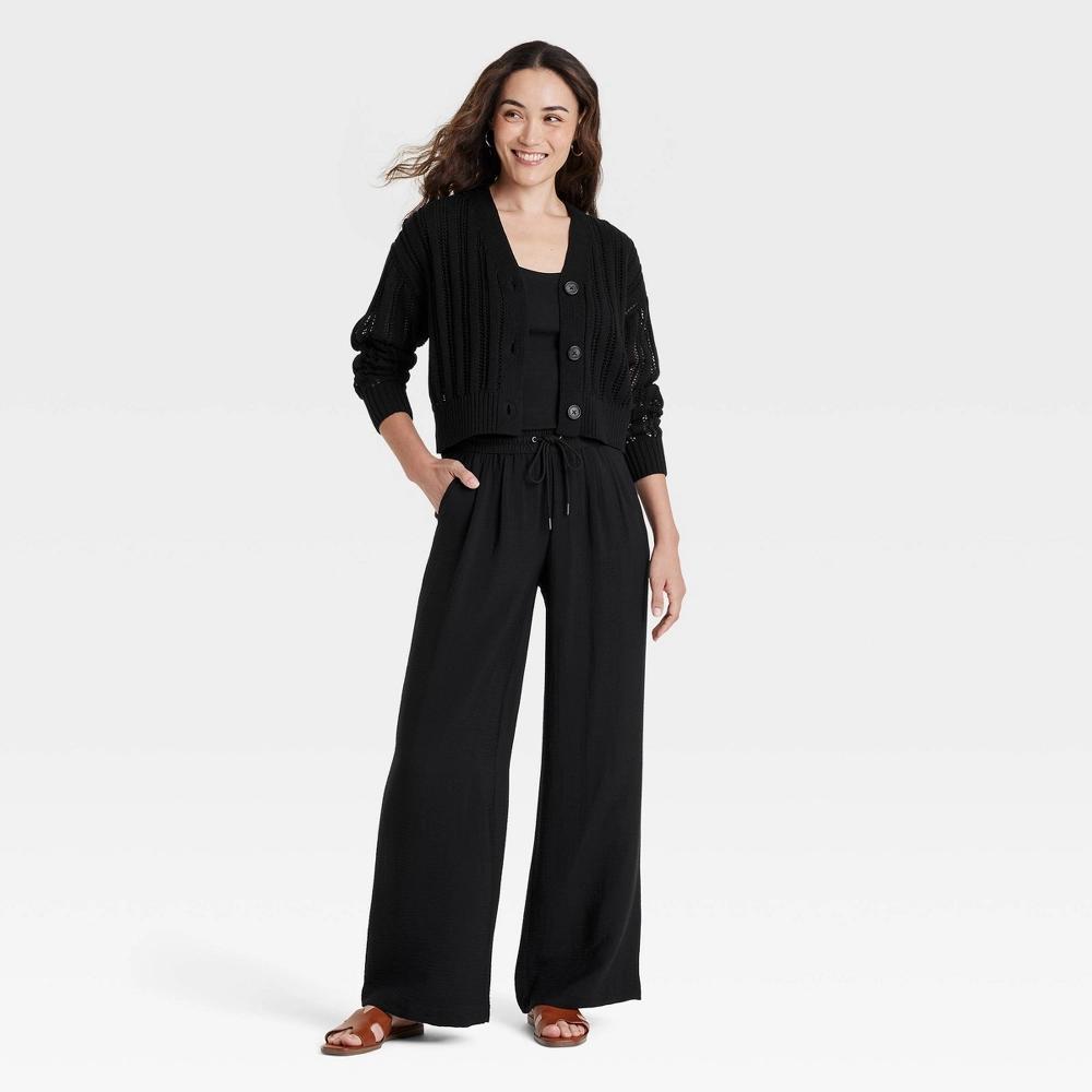 Women's High-Rise Wide Leg Pull-On Pants - A New Day™ Black XS: Midweight Woven Fabric, 32" Inseam, Side Pocket Product Image