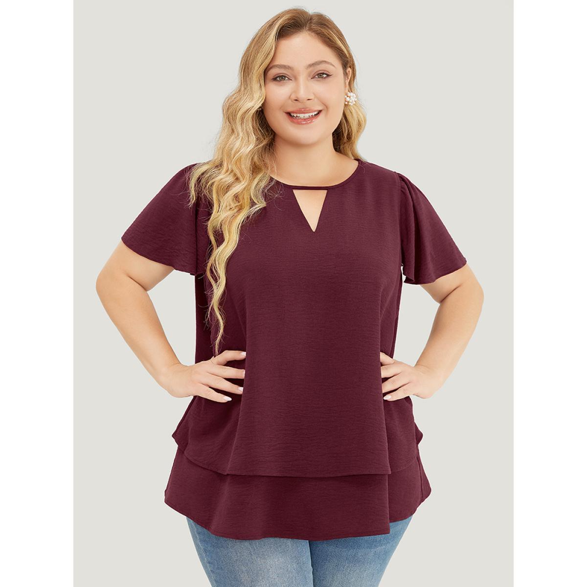 Plus Size Scarlet Solid Flutter Sleeve Keyhole Layered Hem Blouse Women Office Short sleeve V-neck Work Blouses BloomChic 28/5X Product Image