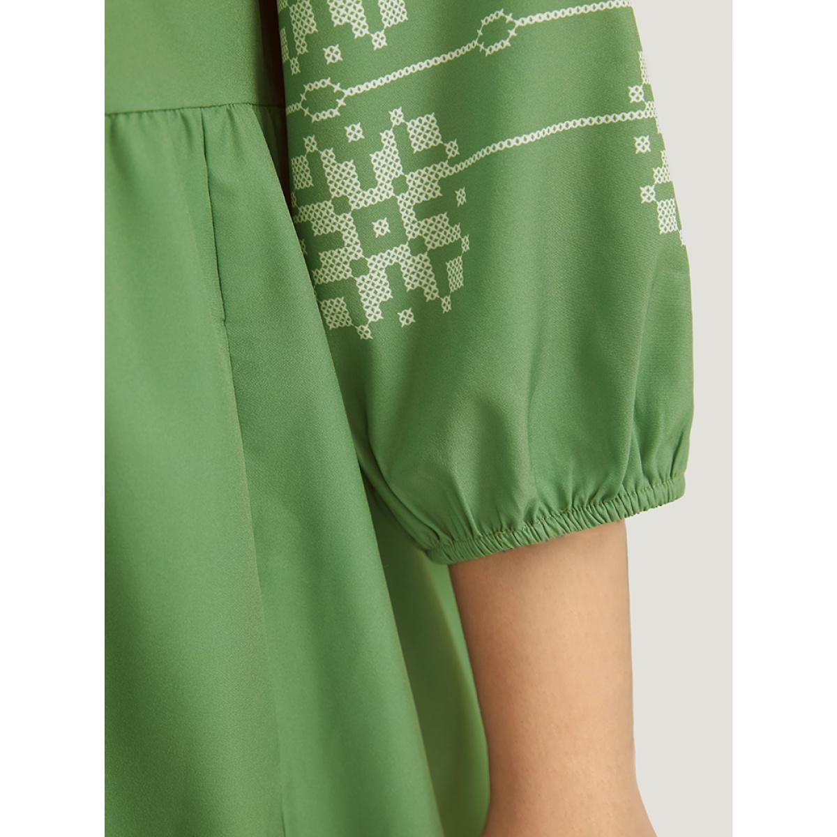 Plus Size Bandana Print Notched Layered Hem Elastic Cuffs Dress Mint Women Vacation Elastic cuffs Notched collar Elbow-length sleeve Curvy Midi Dress BloomChic 30/6X Product Image