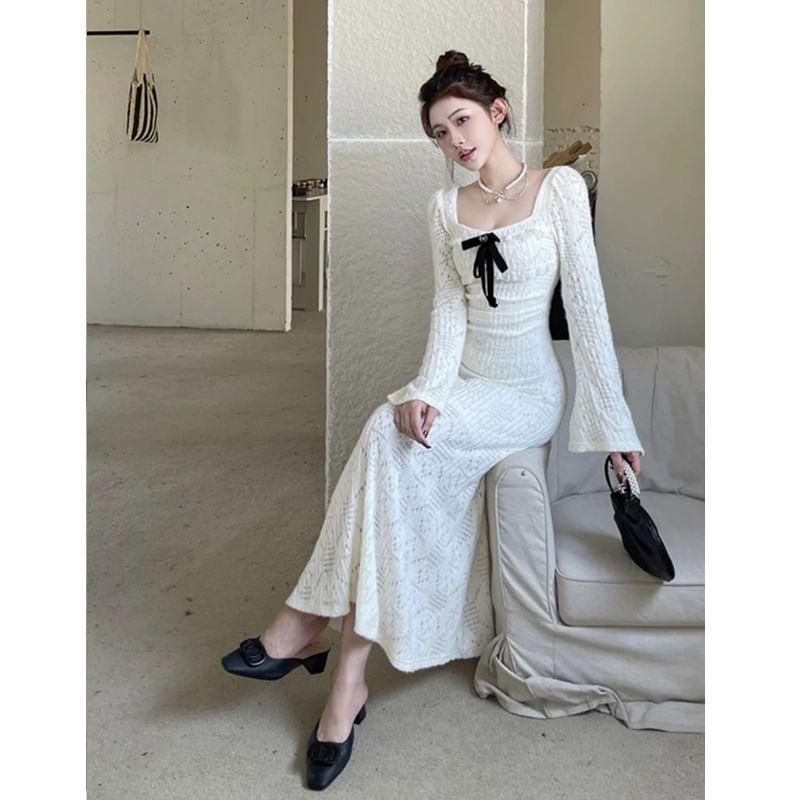 Long Sleeve Square Neck Bow Frill Maxi A-Line Dress Product Image