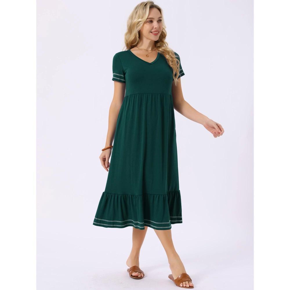 INSPIRE CHIC Women's Summer V Neck Short Sleeve Contrast Trim A Line Midi Summer Dress with Pockets Dark Green Medium Product Image