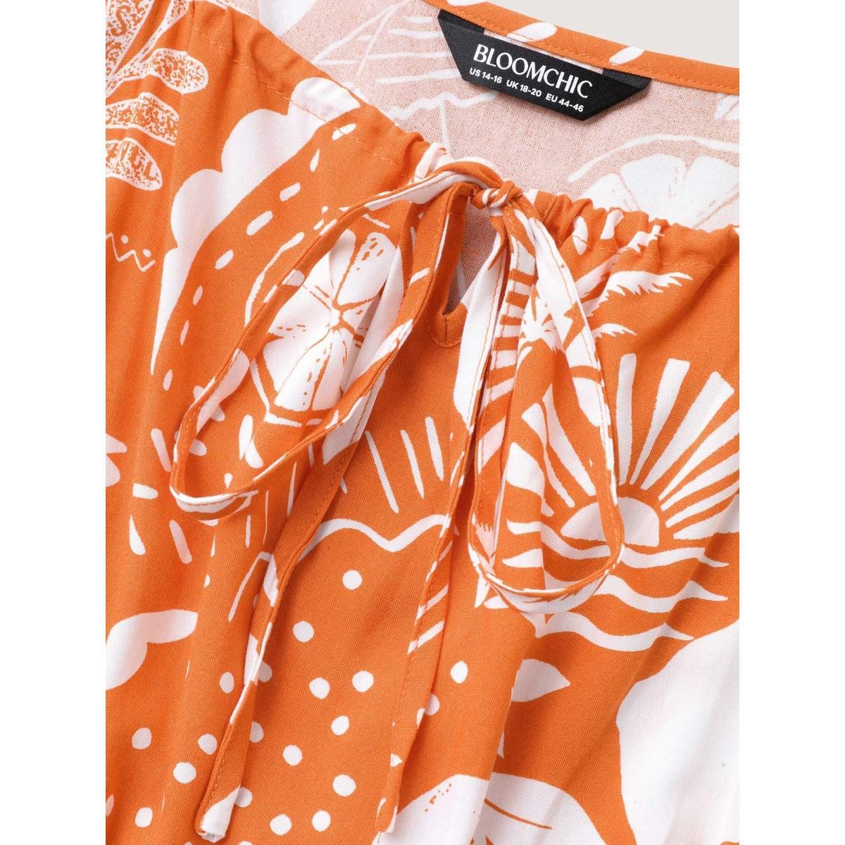 Plus Size Rayon Fruity Floral Neck Tie Midi Dress Coral Women Square Neck Cap Sleeve Curvy BloomChic 22-24/3X Product Image