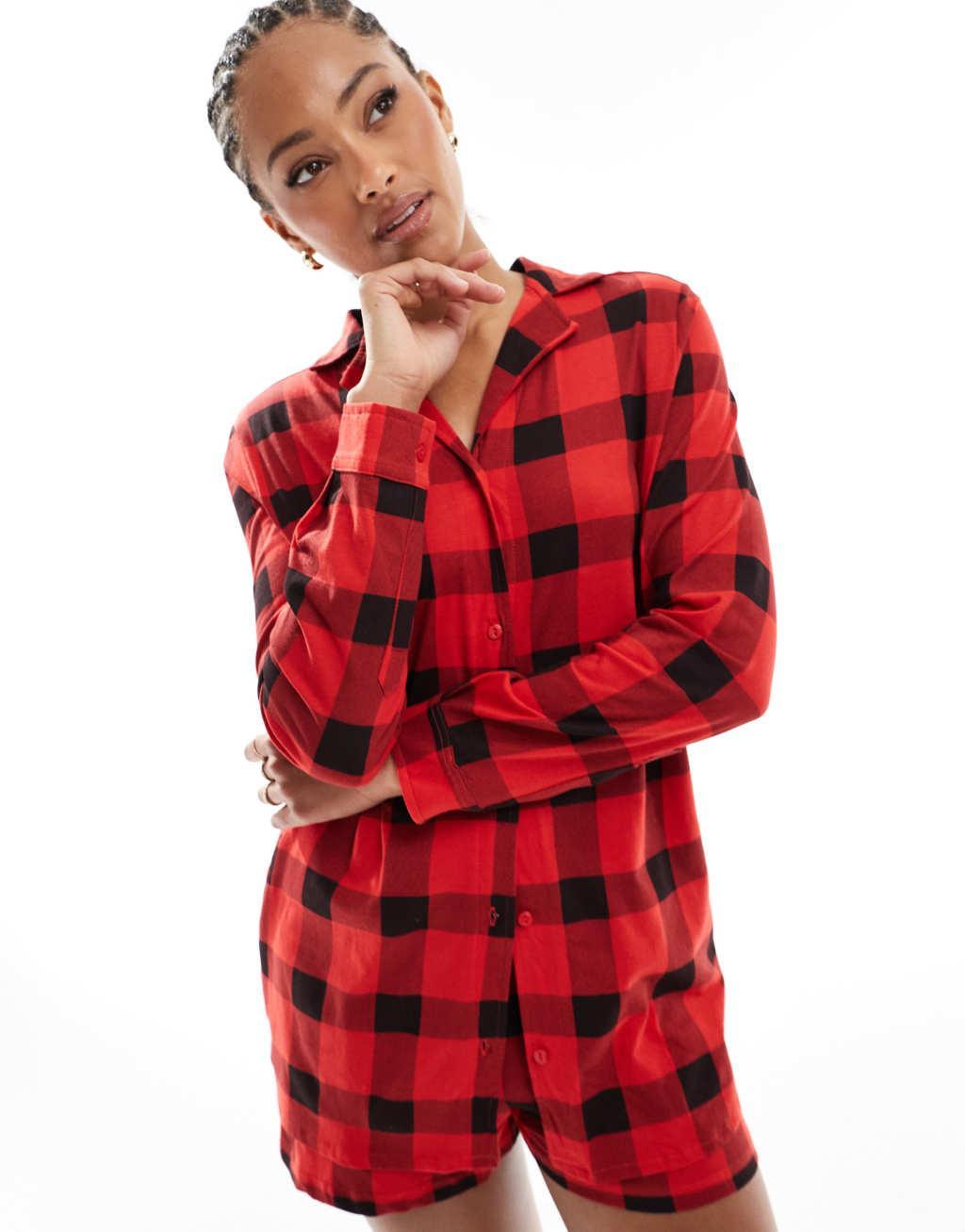Brave Soul long sleeve red and black check shirt and shorts lounge set  Product Image