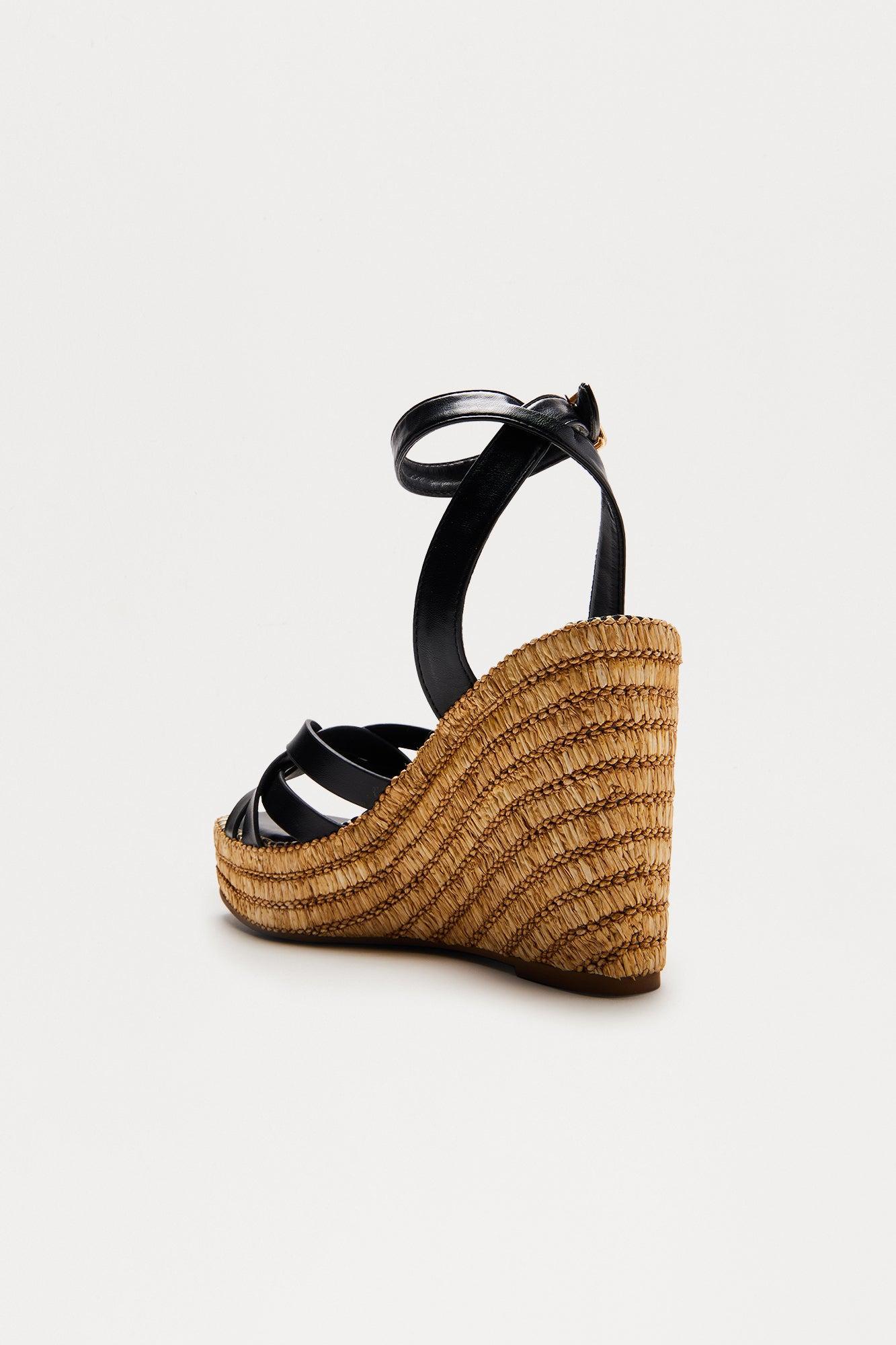 Lottie Raffia Ankle Strap Platform Wedges - Black Product Image