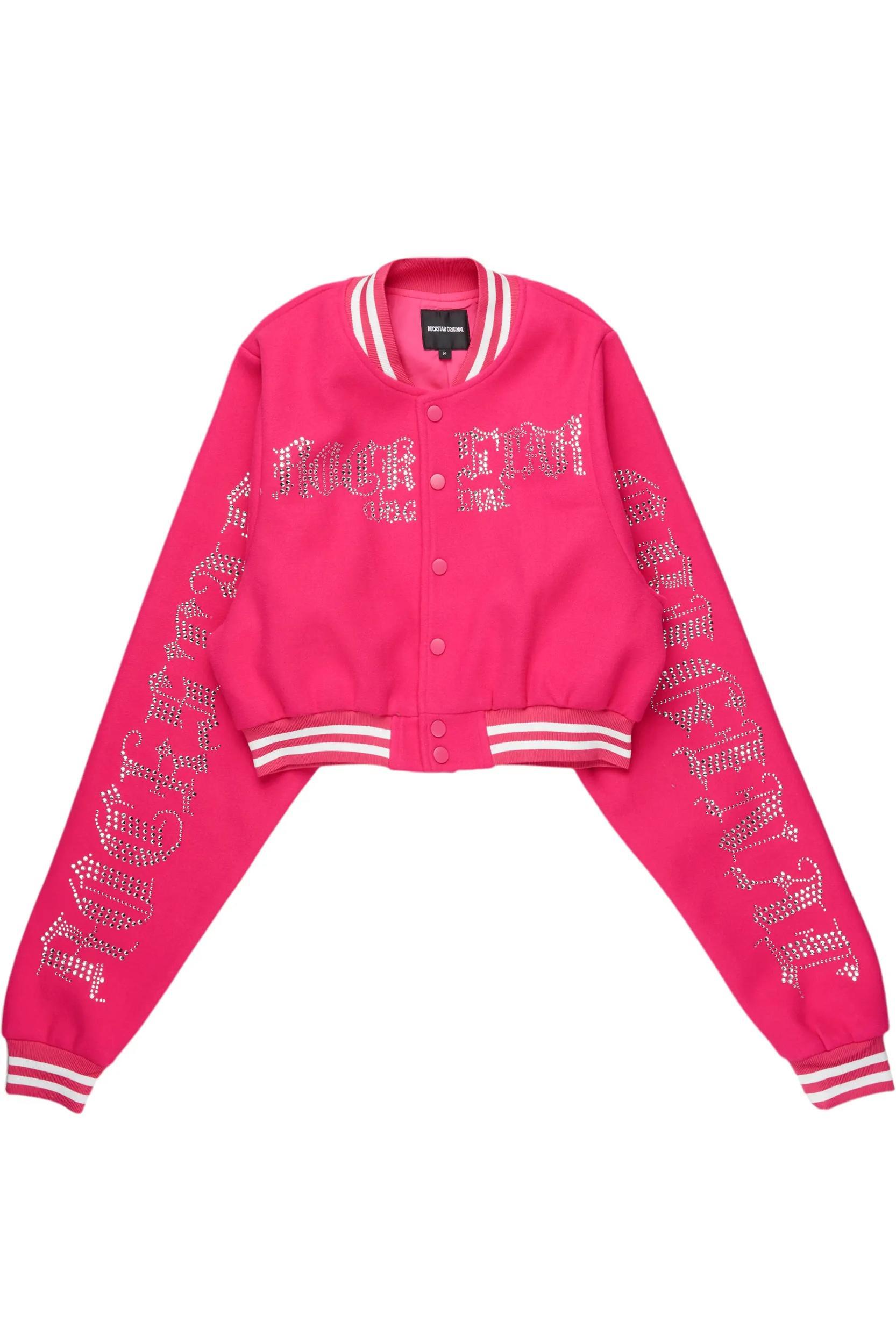 Gianni Hot Pink Crop Rhinestone Varsity Jacket Female Product Image