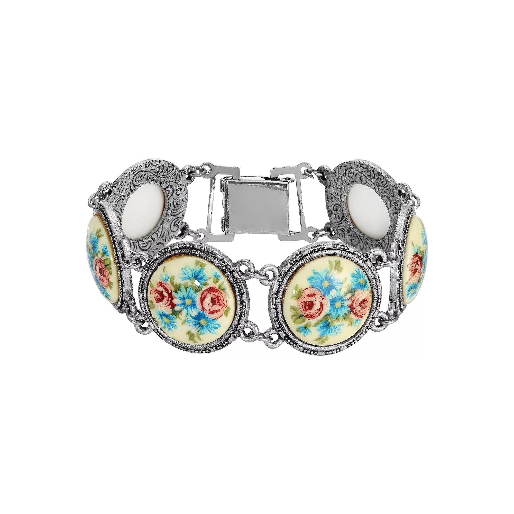 1928 Silver Tone Blue and Pink Rose Round Stone Link Bracelet, Womens Product Image