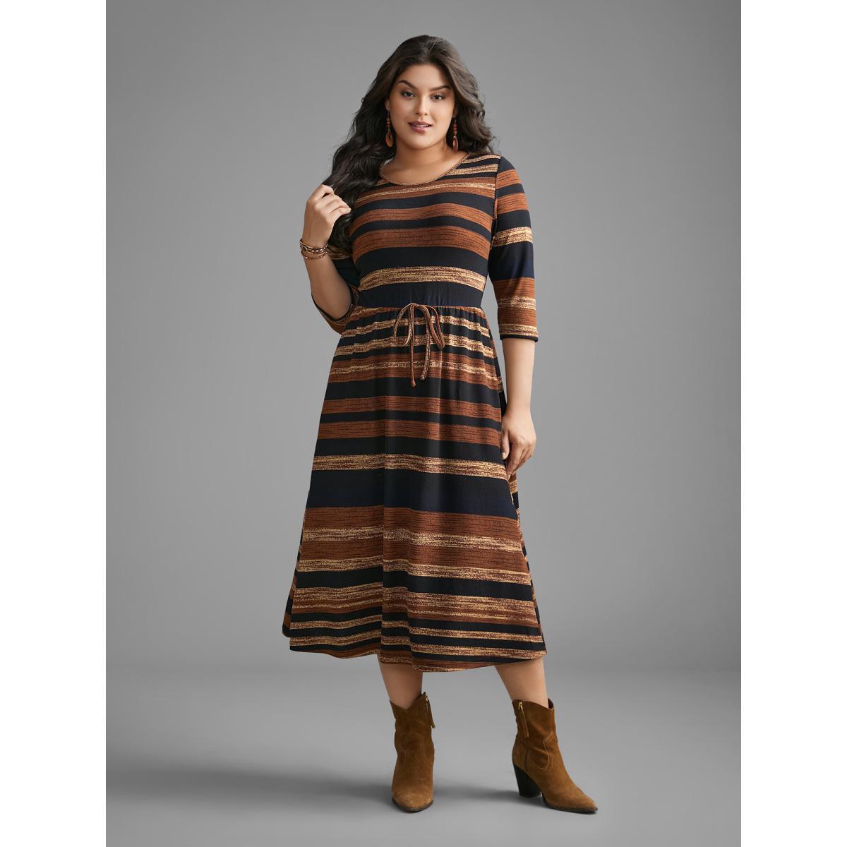 Plus Size Striped Elastic Waist Tie Knot Dress Yellowishbrown Women Resort Tie knot Round Neck Elbow-length sleeve Curvy BloomChic 22-24/3X Product Image